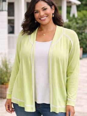 Sarah Spencer Pale Green Cardigan with Light Pink Trim